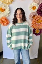 Striped Long Sleeve Sweater Teal and White