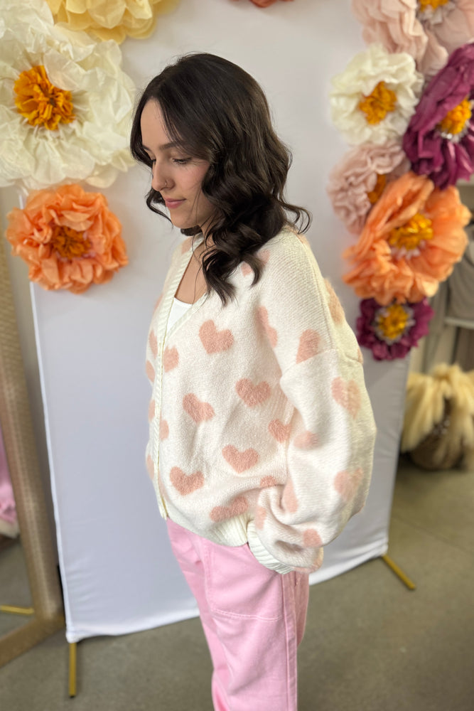 Heart Print Fuzzy Button Front Cardigan