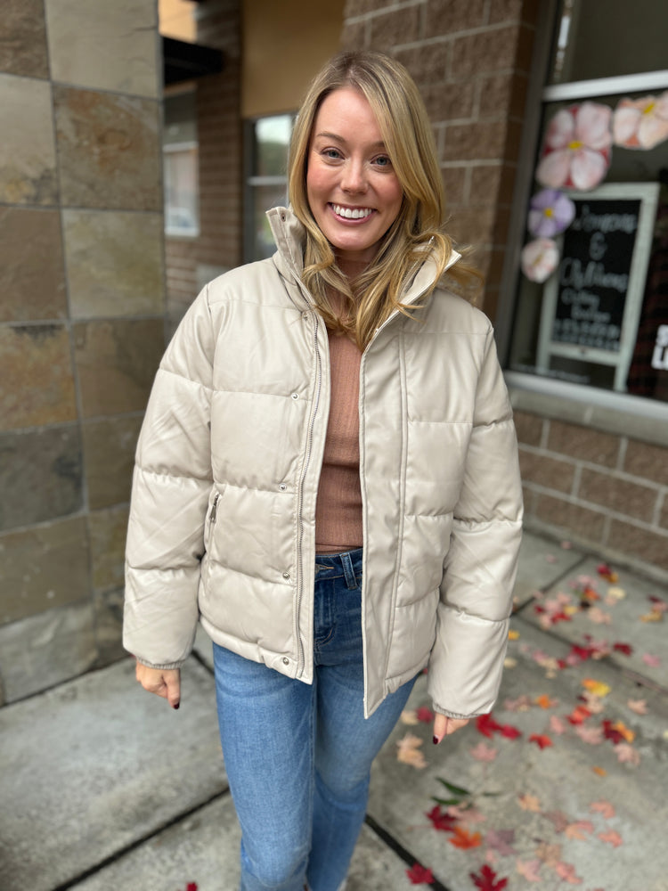 Beige Faux Leather Puffer Jacket