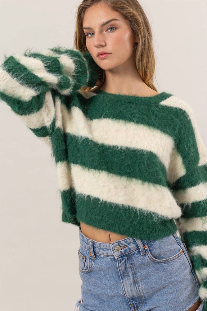 Green Striped Wool Blend Cropped Sweater