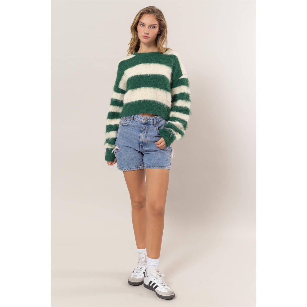 Green Striped Wool Blend Cropped Sweater