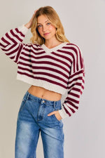 Long Sleeve V-Neck Striped Cropped Sweater