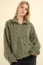 Fuzzy Fleece Cable Pattern Half Zip Top Olive