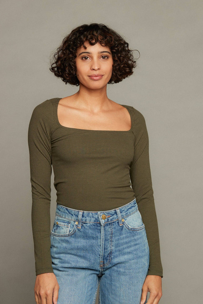 Square Neck Long Sleeve Ribbed Crop Top Olive