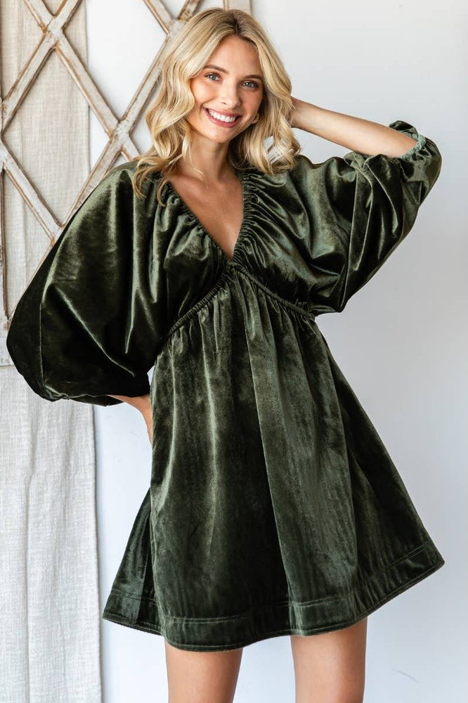 Velvet Puff Sleeve Mini Dress Olive