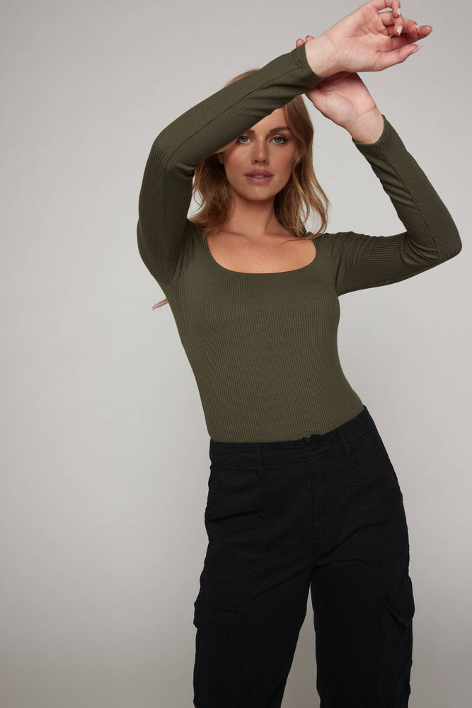 Square Neck Long Sleeve Ribbed Crop Top Olive