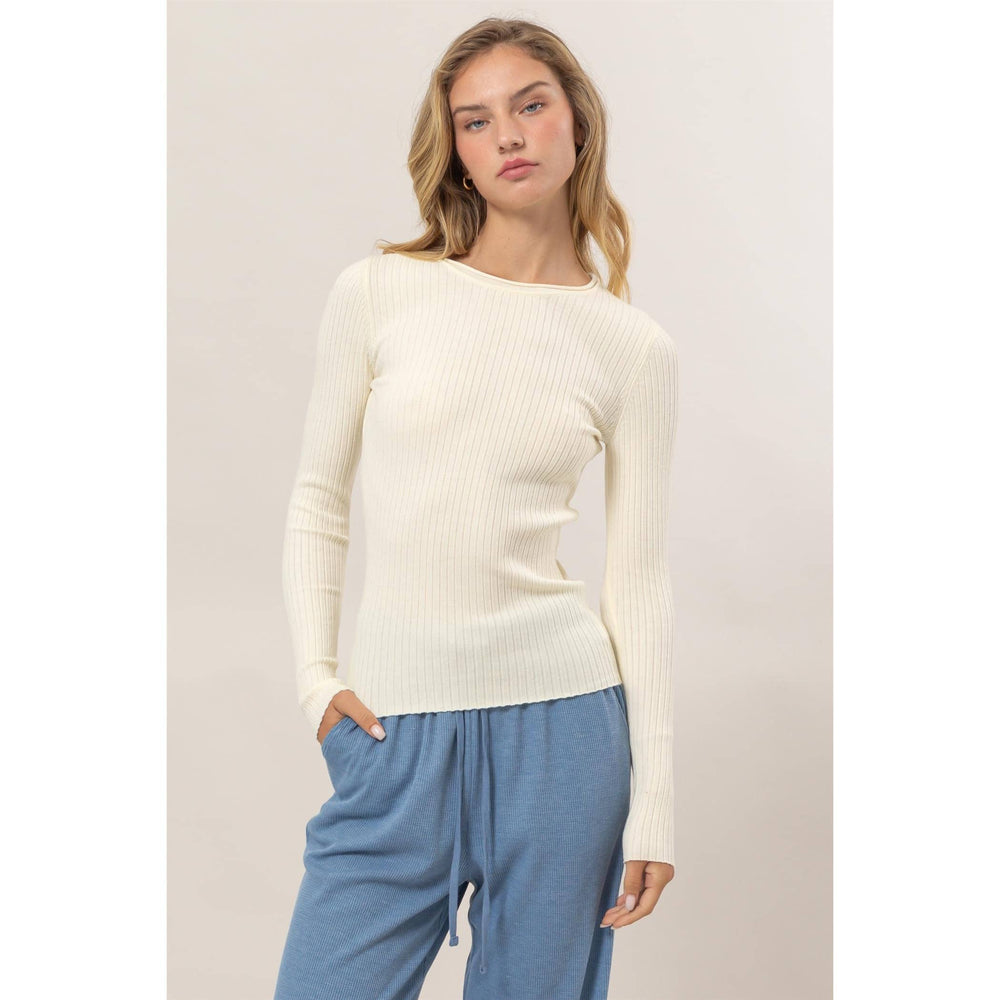 Ribbed Long Sleeve Knit Top Cream