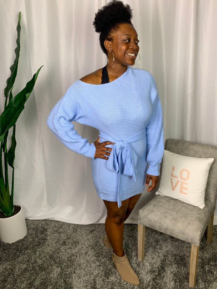 Blue Off the Shoulder Long Sleeve Sweater Dress - Lilac&Lemon