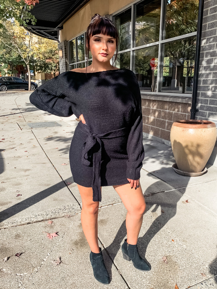 Black Off The Shoulder Long Sleeve Sweater Dress - Lilac&Lemon