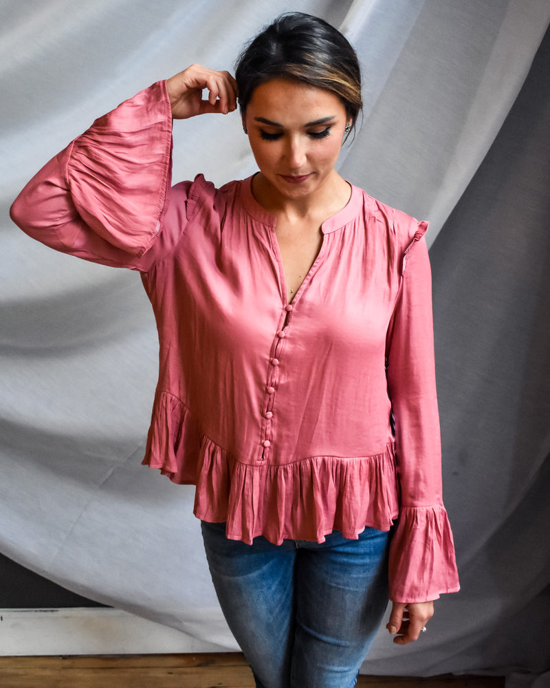 Dusty Rose Ruffle Trim Blouse - Lilac&Lemon